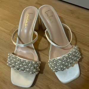 Lulus Karcen Ivory Satin Pearl Rhinestone High Heel Slide Sandals White - Size 9
